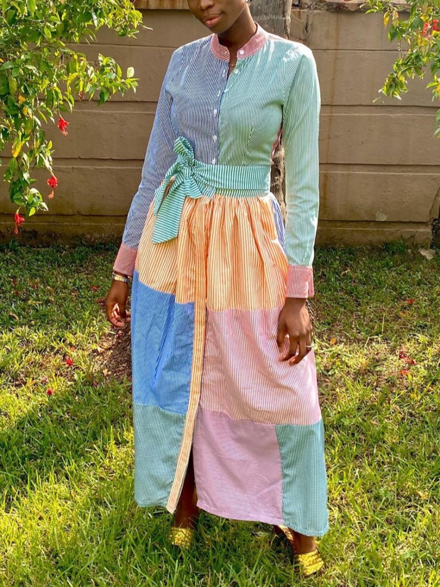 

Lovely Casual Striped Patchwork Multicolor Ankle Length Dress, Multi
