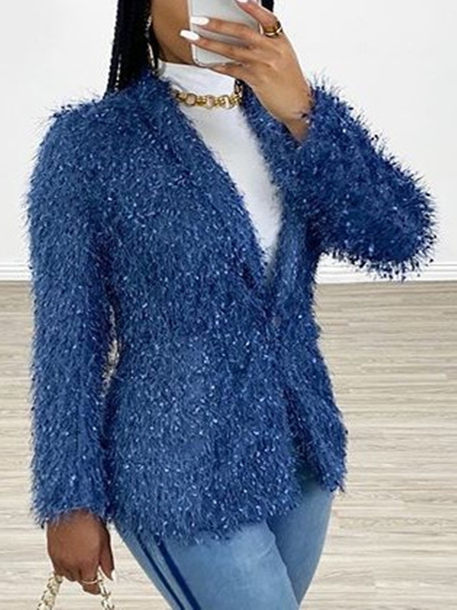 

Lovely Stylish Turndown Collar Basic Blue Coat