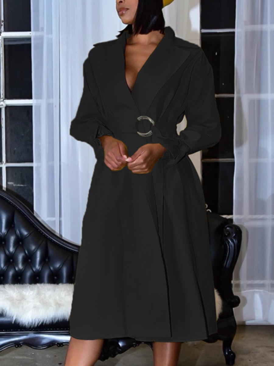 

lovely Stylish Turn-back Collar Fold Design Black Trench Coat