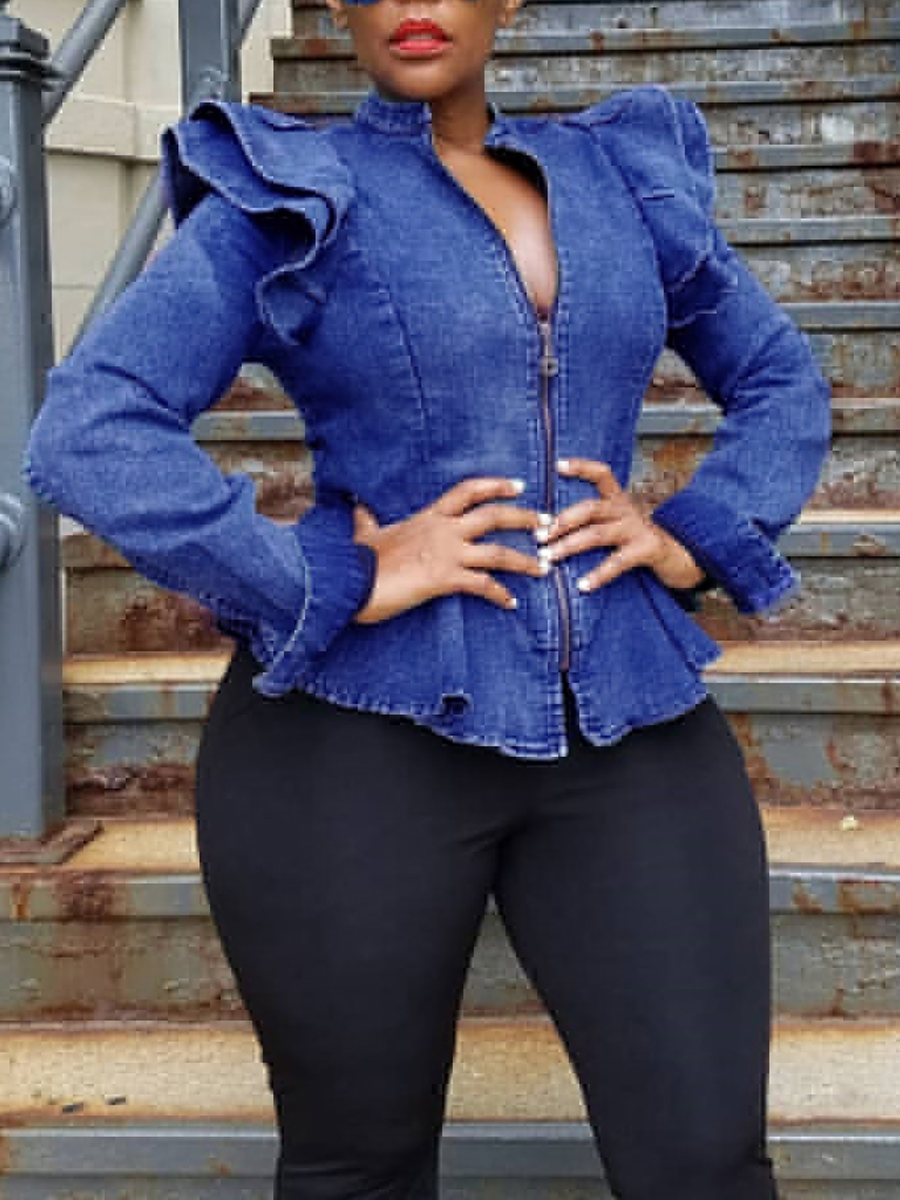 

Lovely Trendy Flounce Zipper Design Blue Plus Size Denim Jacket