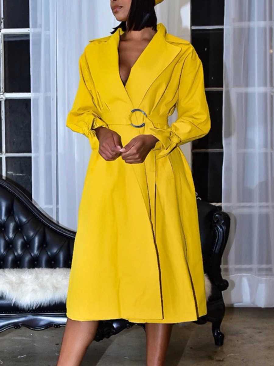 

lovely Stylish Turn-back Collar Fold Design Yellow Trench Coat