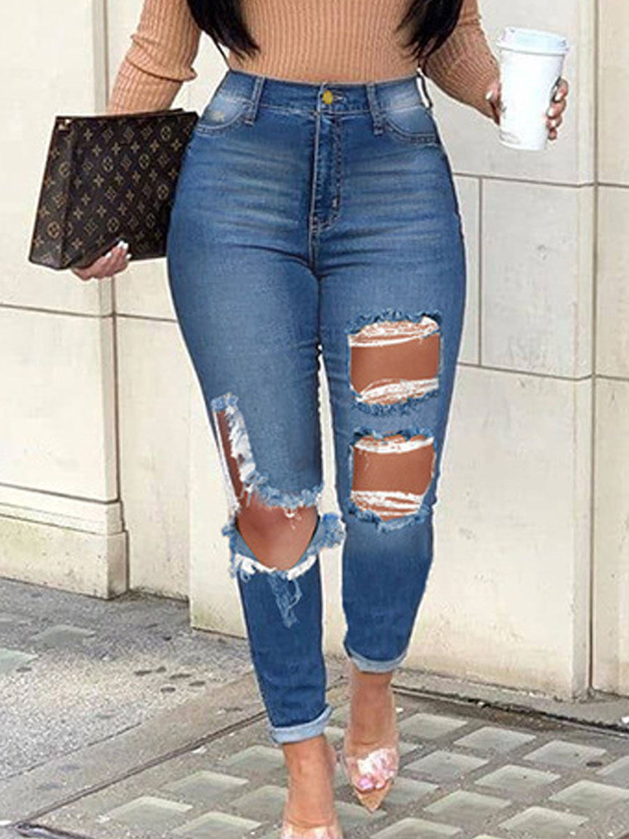 

lovely Trendy Hollow-out Blue Jeans