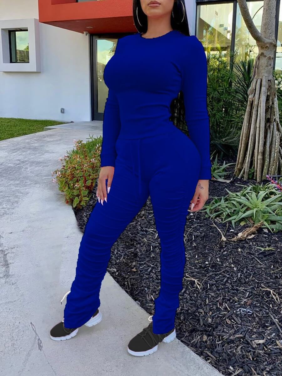 

LW Leisure O Neck Fold Design Blue Two Piece Pants Set