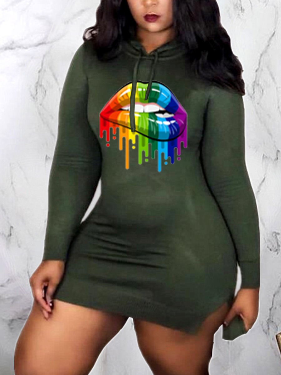 

lovely Casual Hooded Collar Lip Print Army Green Mini Dress