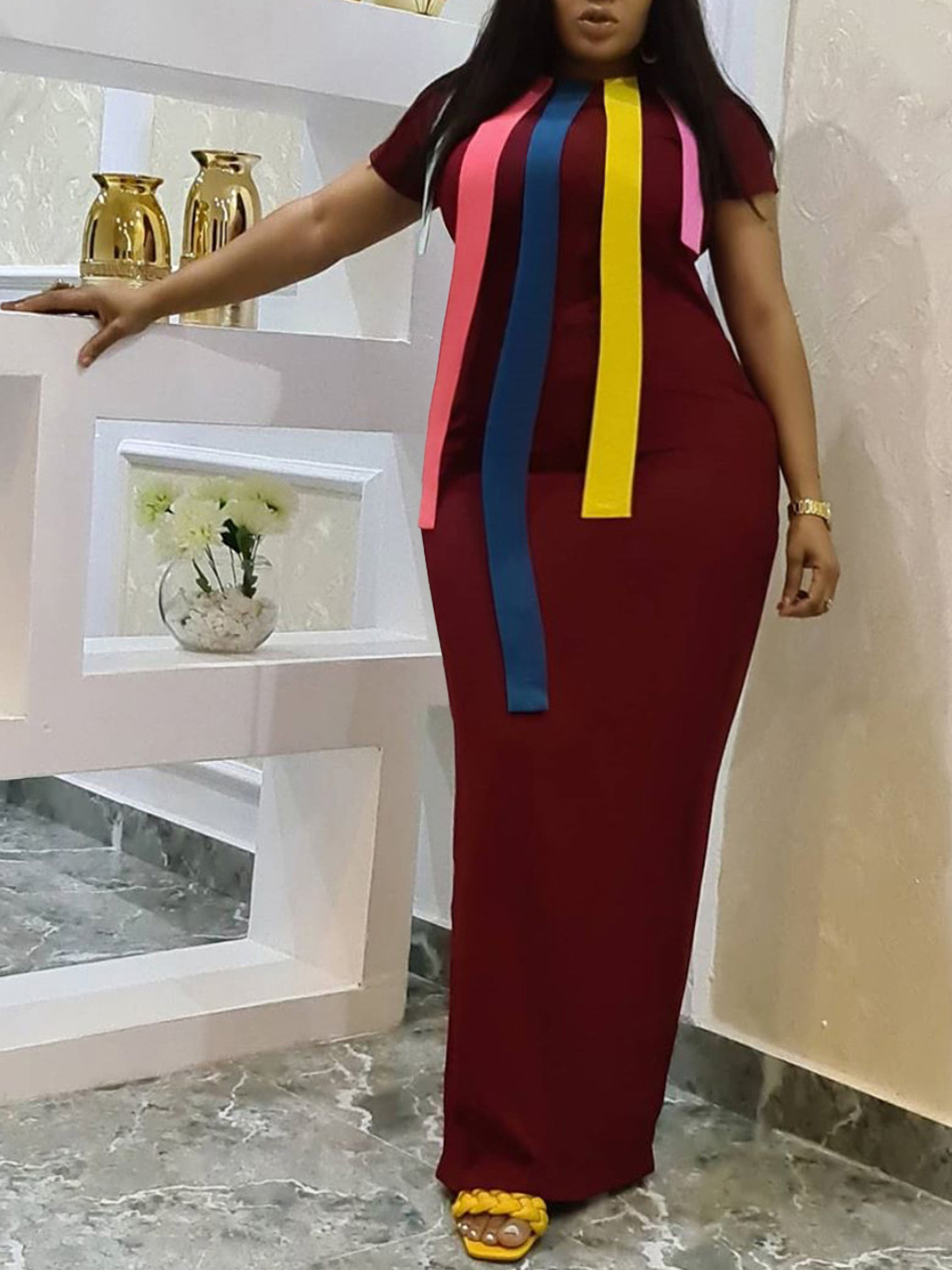 

lovely Casual O Neck Patchwork Wine Red Maxi Plus Size Dress