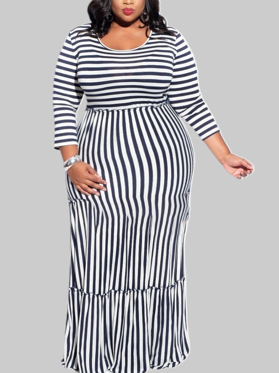 

lovely Casual U Neck Striped Black Maxi Plus Size Dress