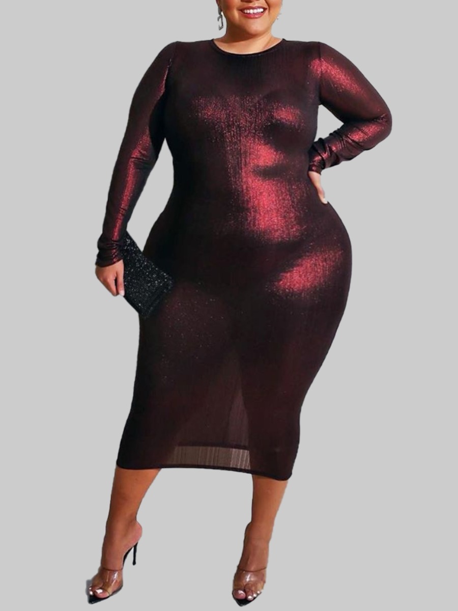 

lovely Casual O Neck Basic Wine Red Mid Calf Plus Size Dress