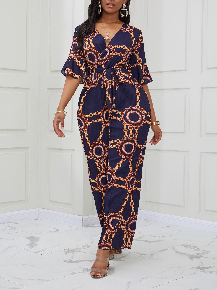 

lovely Trendy V Neck Versace Print Navy Blue One-piece Jumpsuit