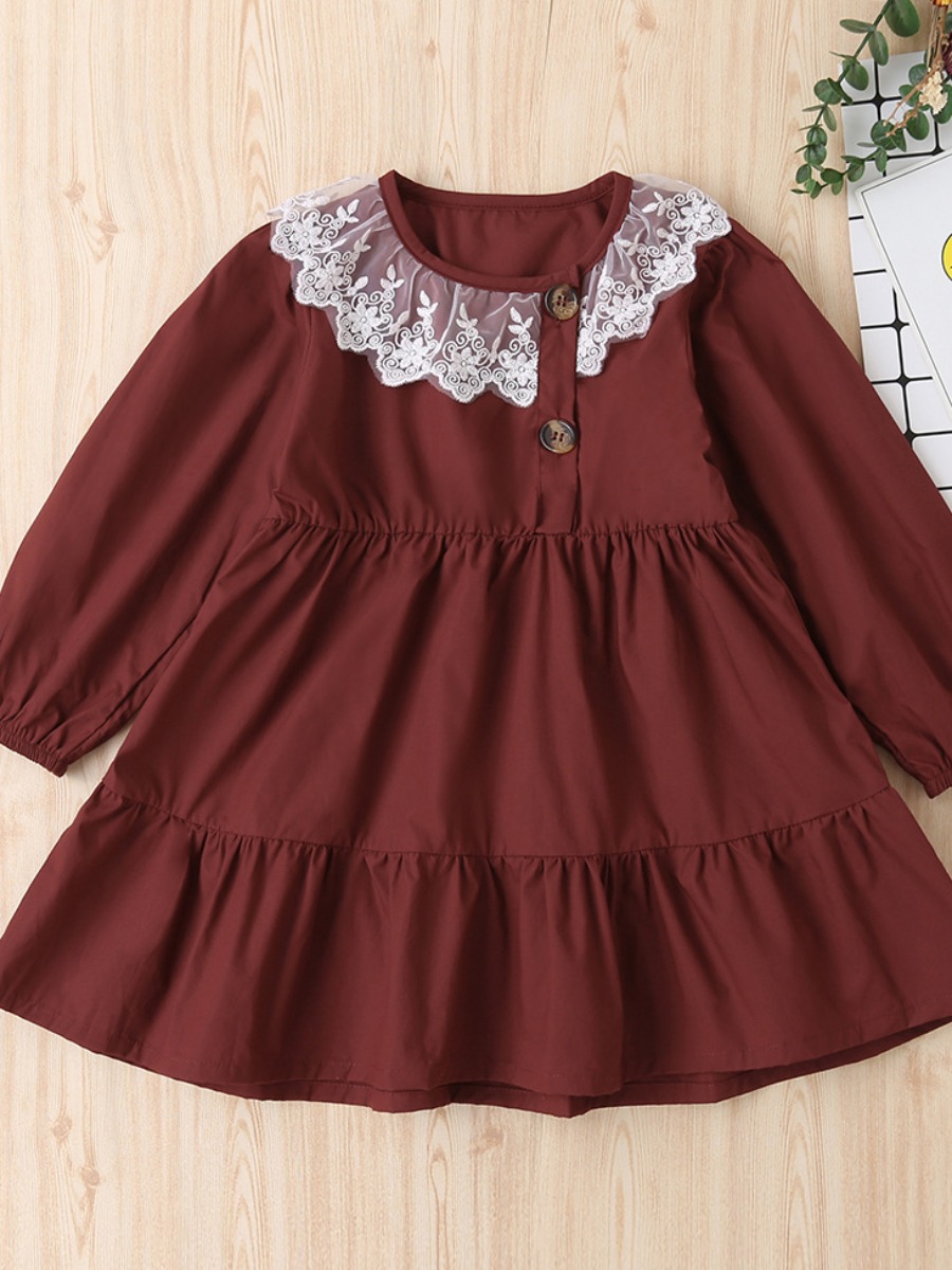

lovely Sweet O Neck Lace Hem Fold Design Red Girl Knee Length Dress