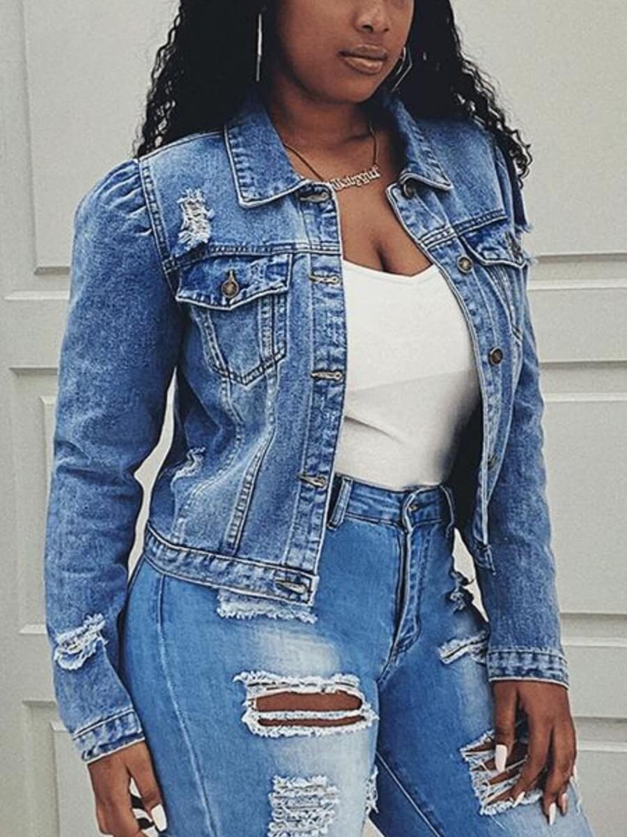 

Lovely Casual Turndown Collar Broken Holes Baby Blue Denim Jacket