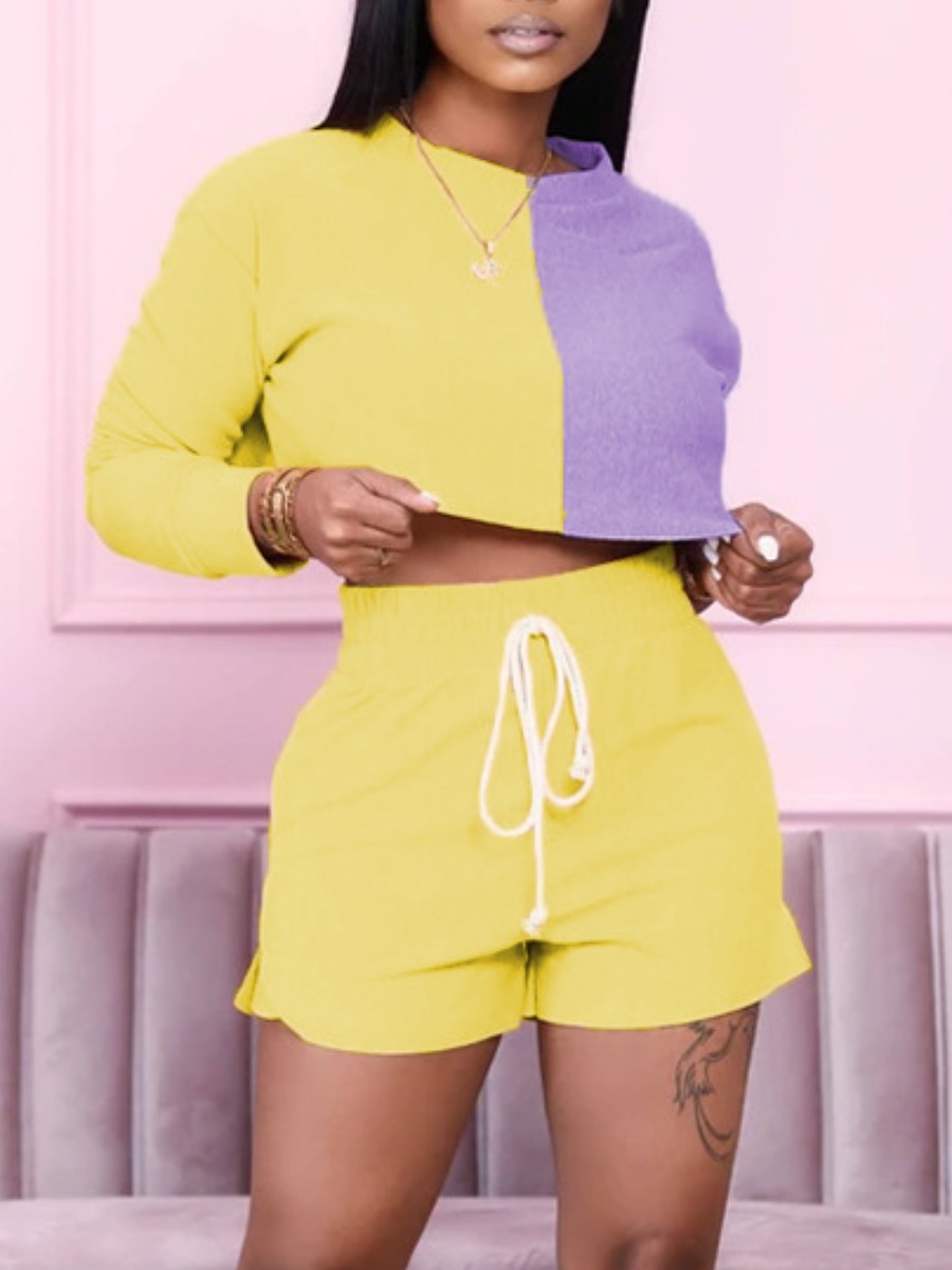 

lovely Casual O Neck Patchwork Yellow Two Piece Shorts Set