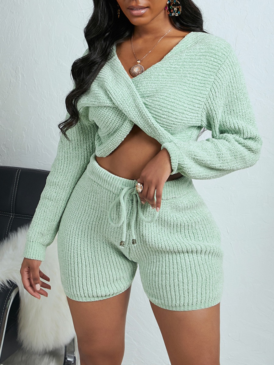 

lovely Stylish Cross-over Knot Design Green Two Piece Shorts Set