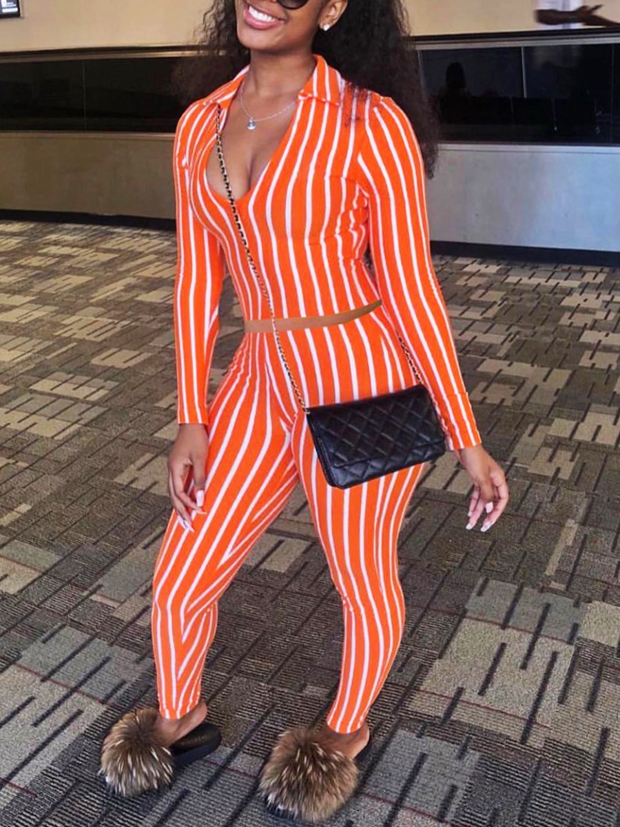 

lovely Leisure Turndown Collar Striped Jacinth Two Piece Pants Set