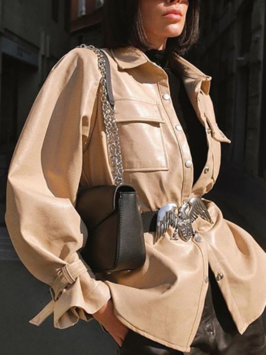 

lovely Casual Turndown Collar Buttons Design Khaki Coat