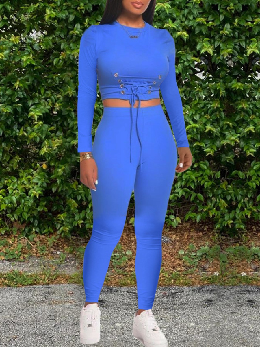

lovely Sportswear O Neck Bandage Design Blue Two Piece Pants Set