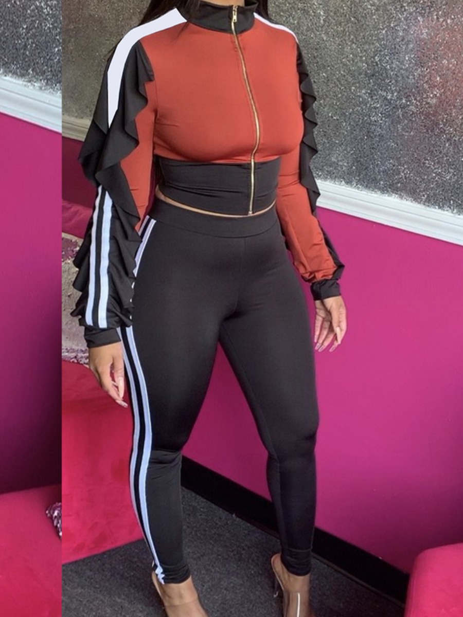 

lovely Sportswear Zipper Design Patchwork Red Two Piece Pants Set