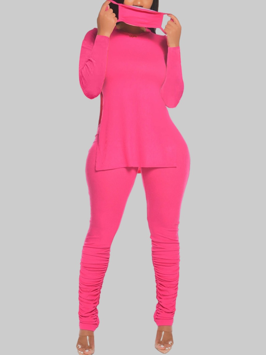 

lovely Leisure O Neck Fold Design Side Slit Pink Plus Size Two-piece Pants Set