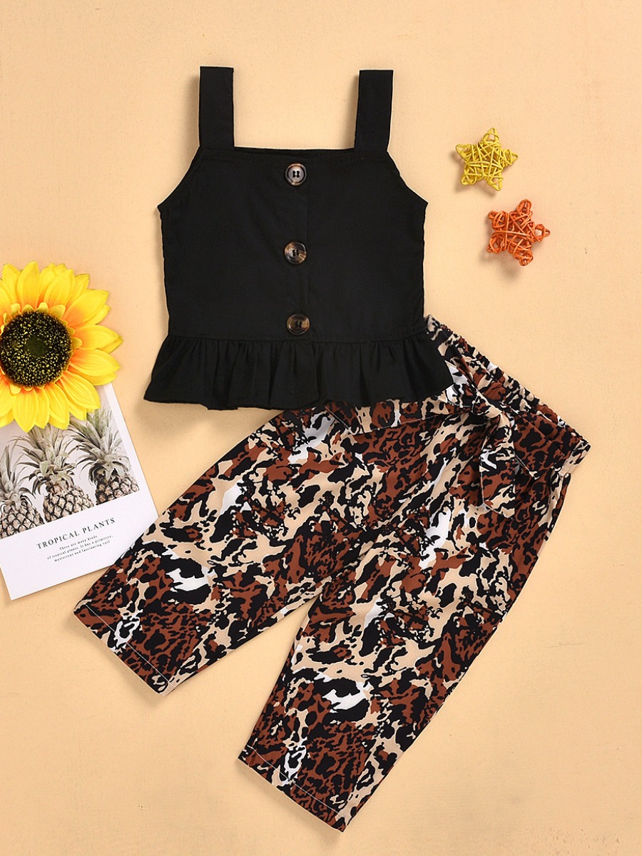 

lovely Casual O Neck Print Buttons Design Black Girl Two-piece Pants Set
