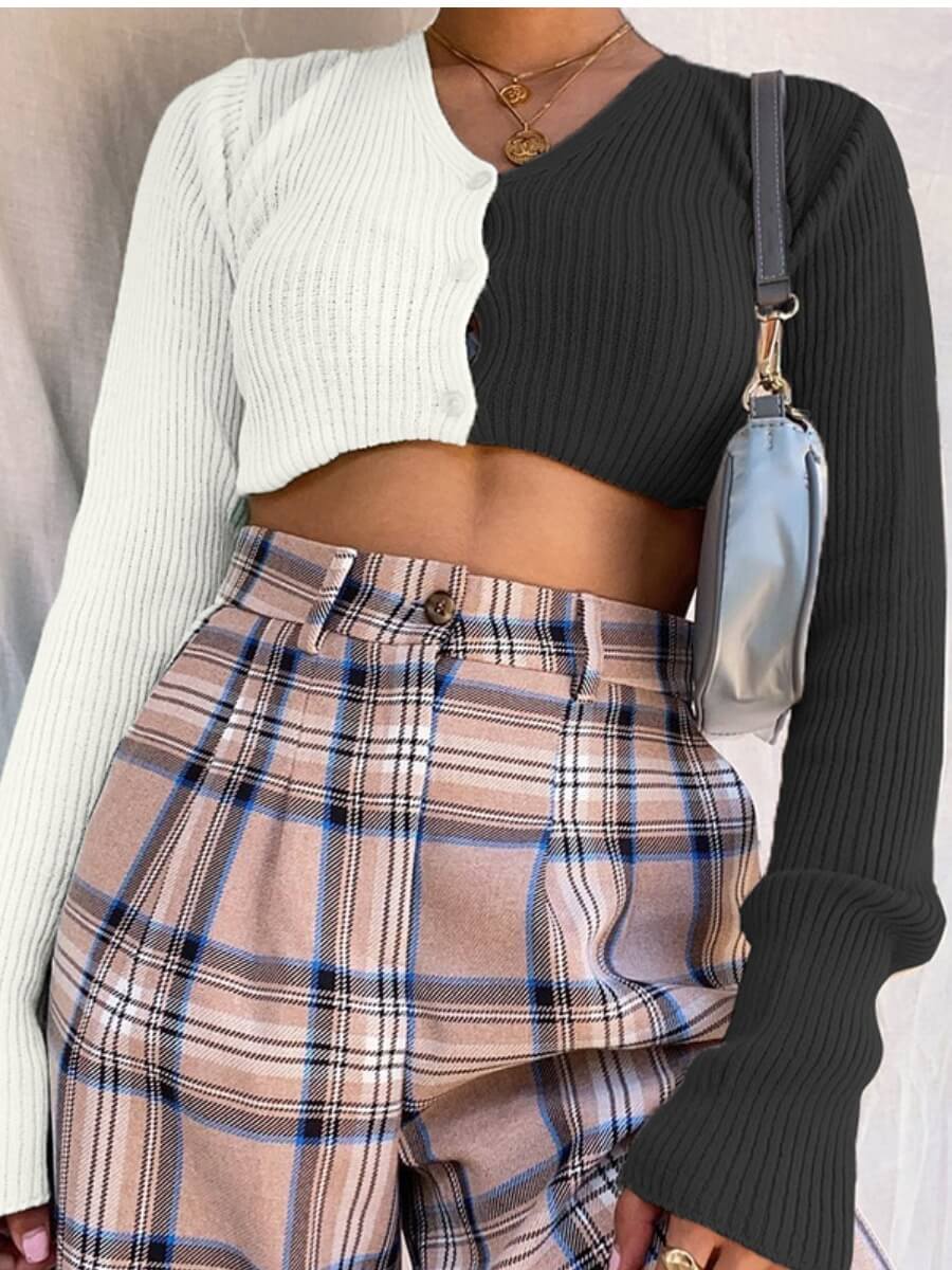 

Lovely Stylish V Neck Patchwork Black Cardigan