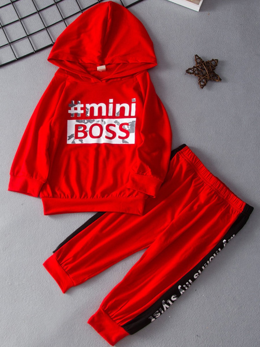 

lovely Sportswear Hooded Collar Letter Print Red Boy Two-piece Pants Set