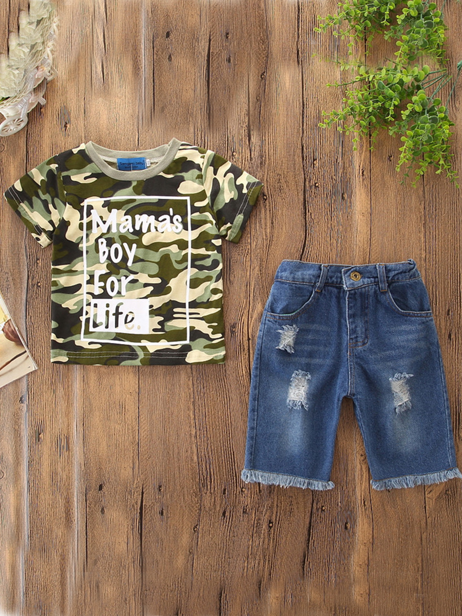 

lovely Street O Neck Camo Print Boy Two-piece Shorts Set