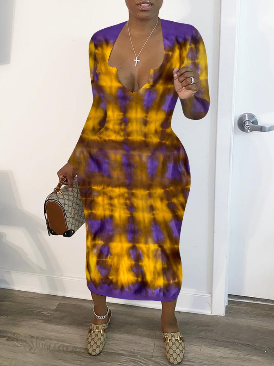 

lovely Trendy V Neck Tie-dye Purple Mid Calf Dress