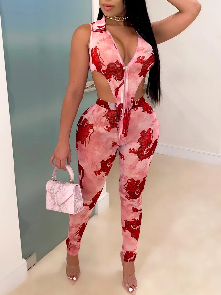 

lovely Sexy Zipper Design Print Red Two Piece Pants Set