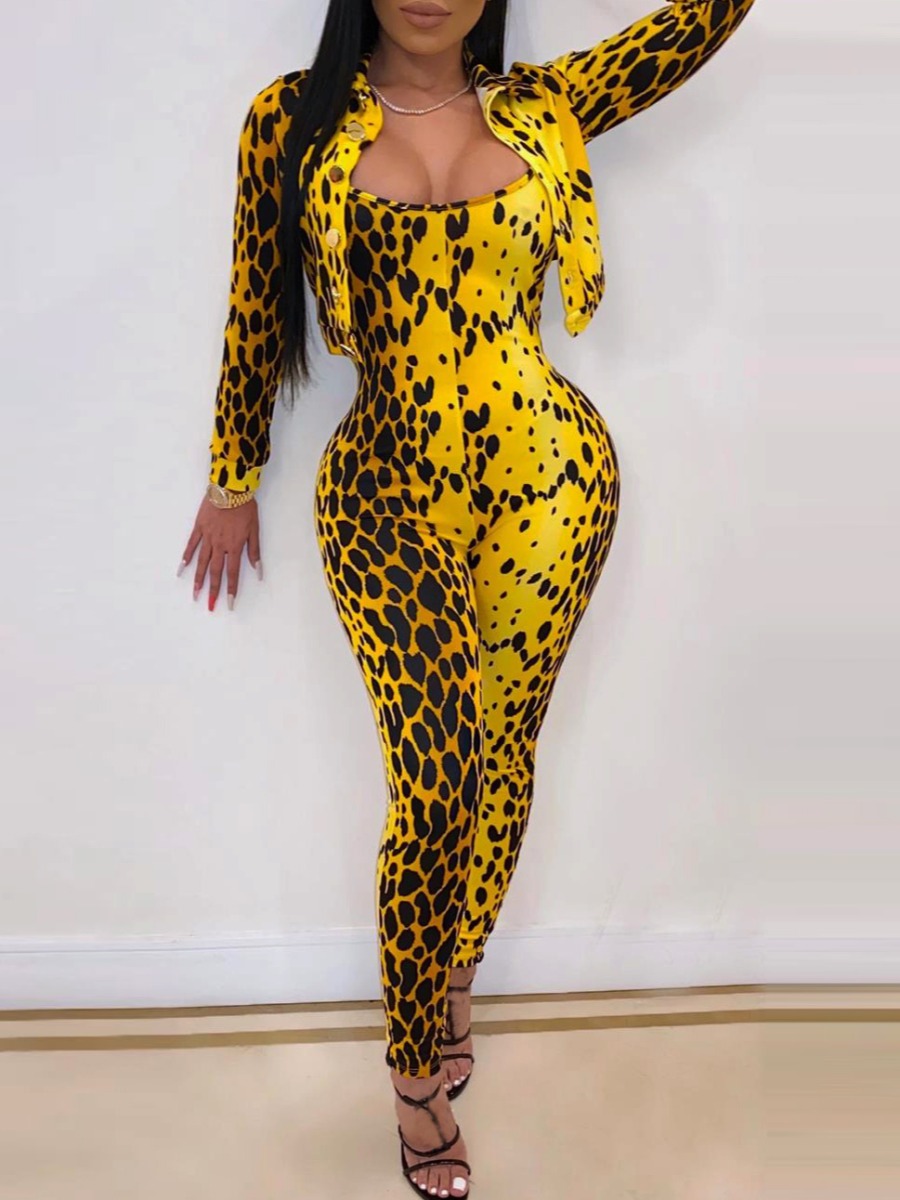 

lovely Trendy Print Yellow Two Piece Pants Set