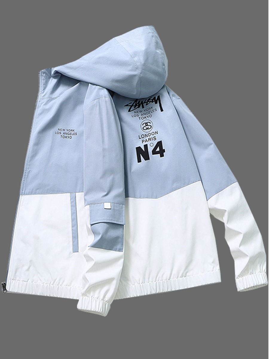 

lovely Casual Hooded Collar Patchwork Letter Print Skyblue Men Jacket