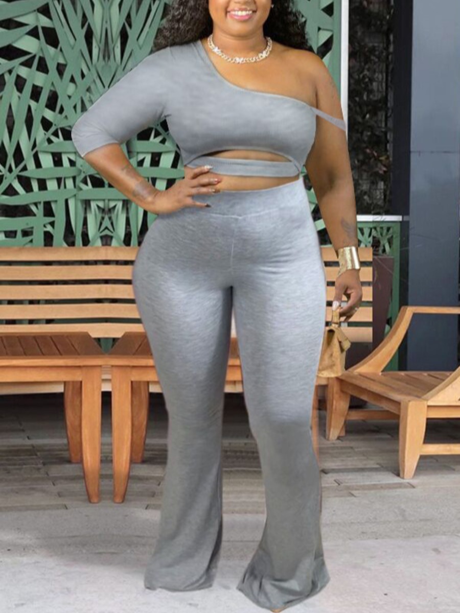 

lovely Sexy One Shoulder Hollow-out Grey Two Piece Pants Set