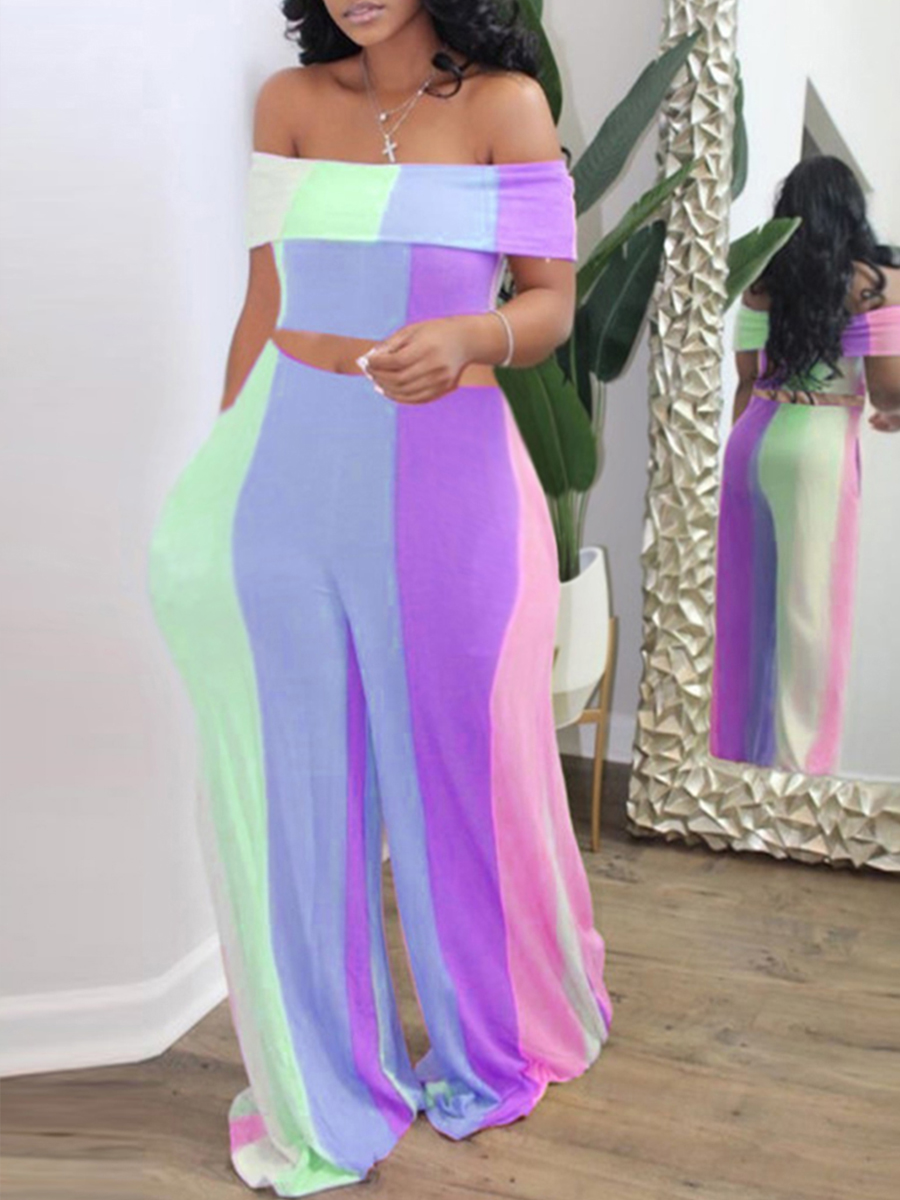 

Lovely Trendy Dew Shoulder Rainbow Striped Purple Plus Size Two-piece Pants Set