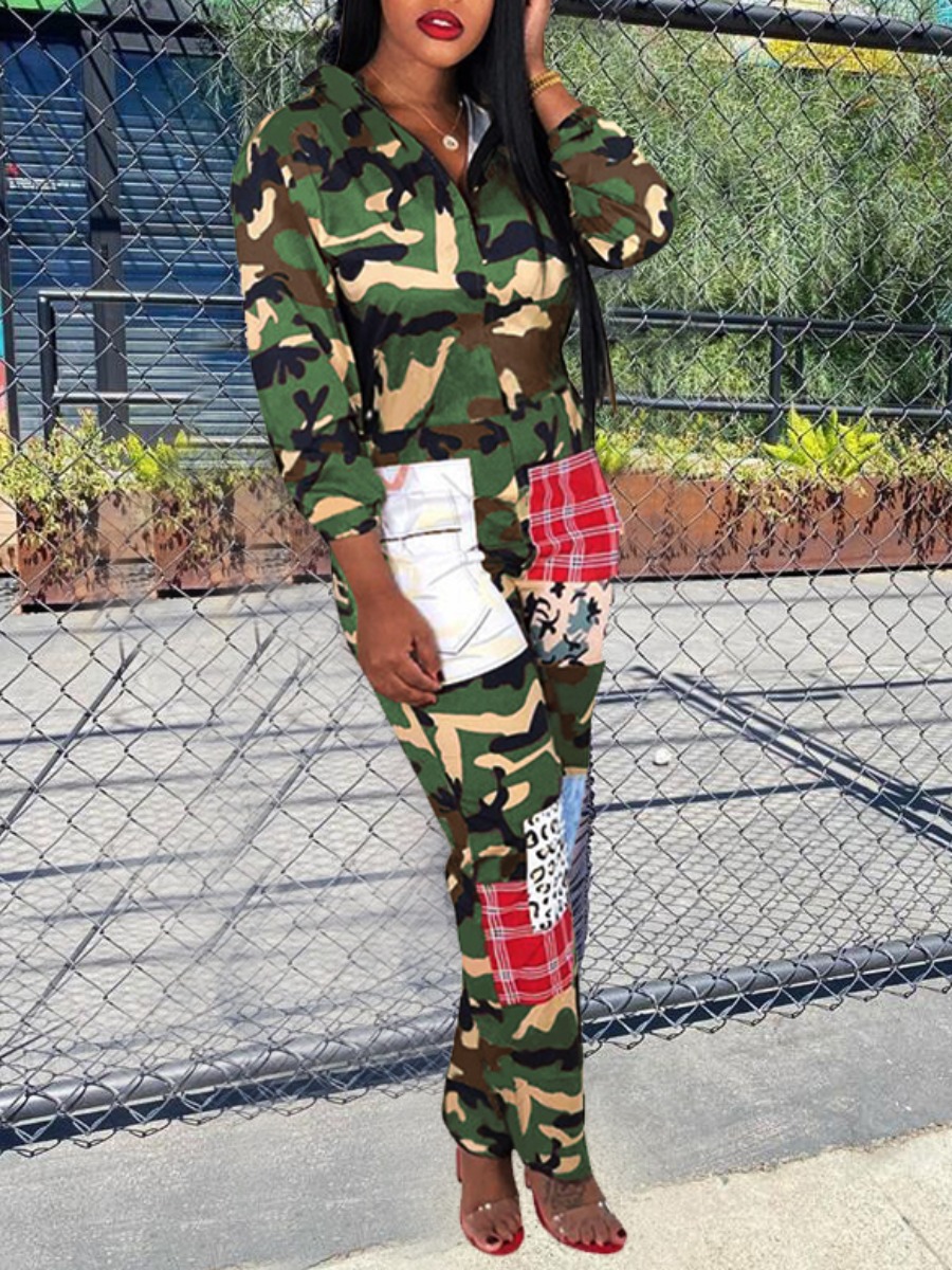 

lovely Street Turndown Collar Camo Print Patchwork Two Piece Pants Set
