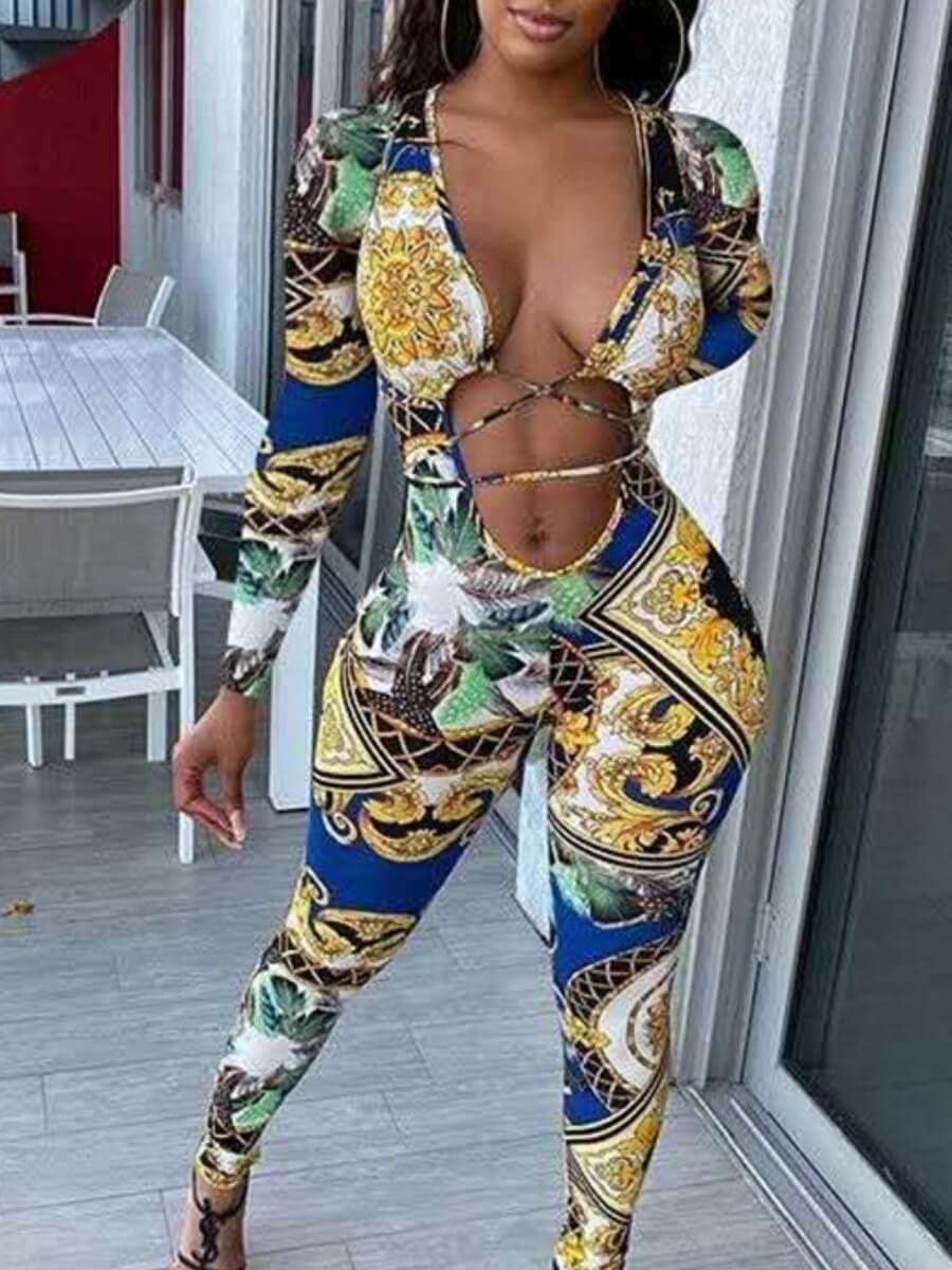 

lovely Sexy Cross-over Design Versace Print Multicolor One-piece Jumpsuit, Multi
