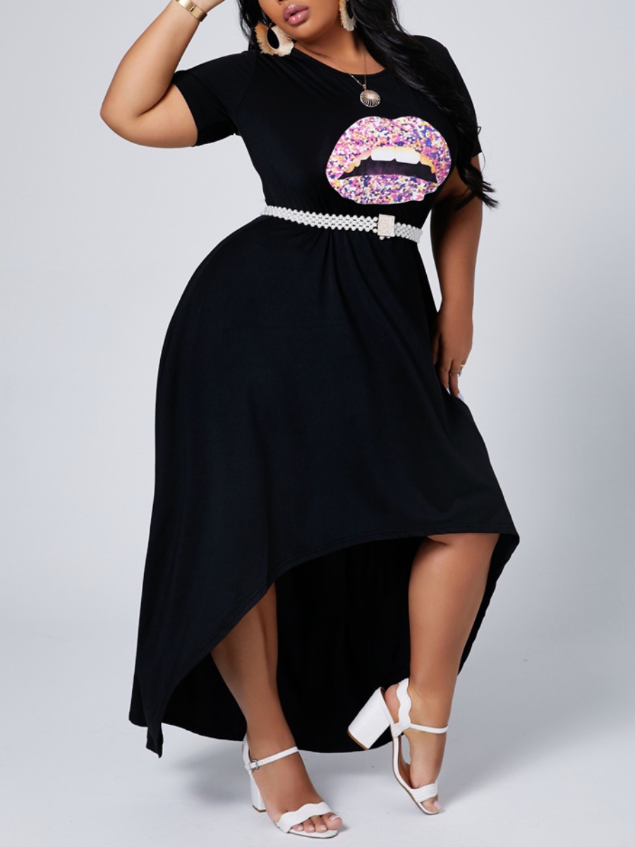 

lovely Casual O Neck Lip Print Black Ankle Length Plus Size Dress