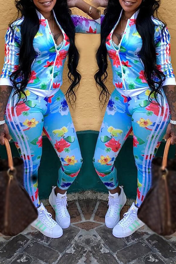 

LW Floral Printed Blue Twilled Satin Tracksuit Pants Set