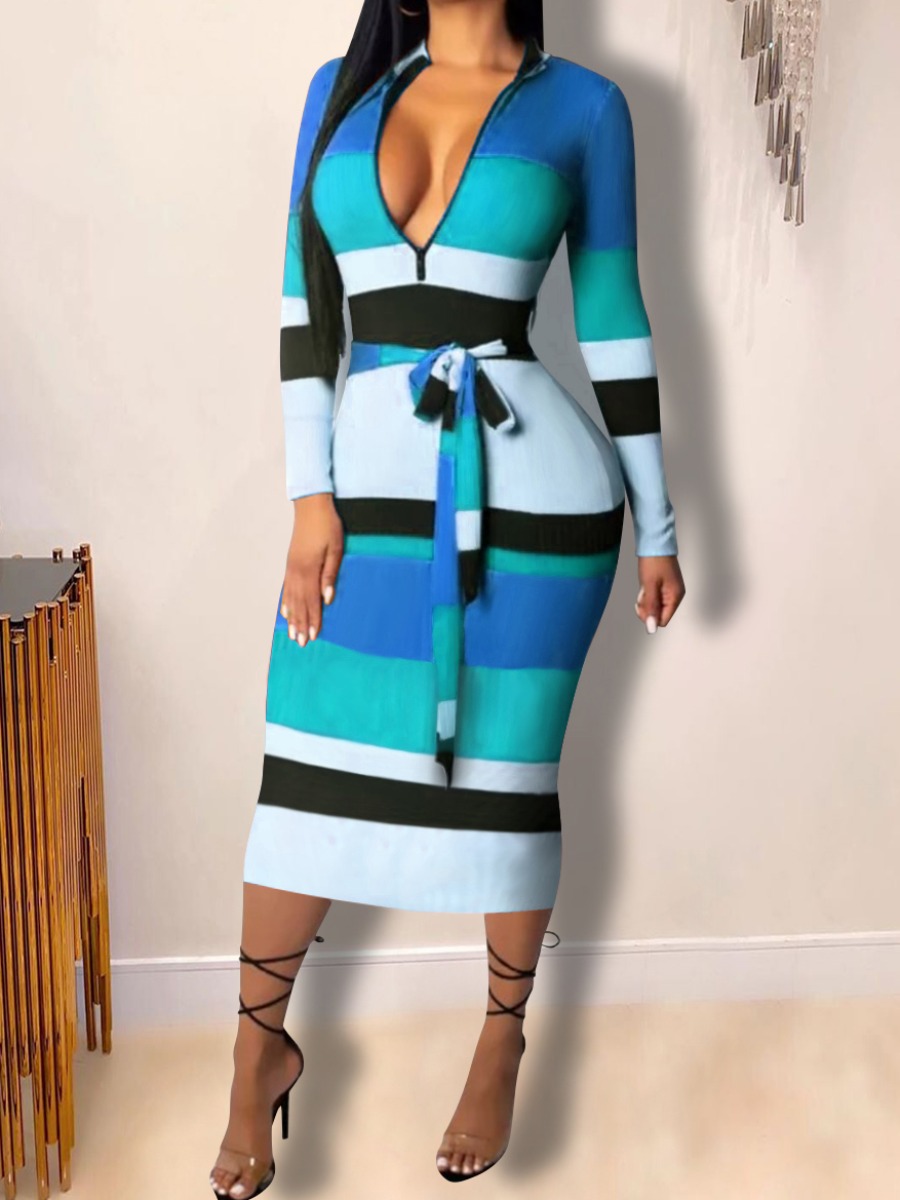 

lovely Trendy Striped Zipper Design Blue Mid Calf Dress, Blue stripe