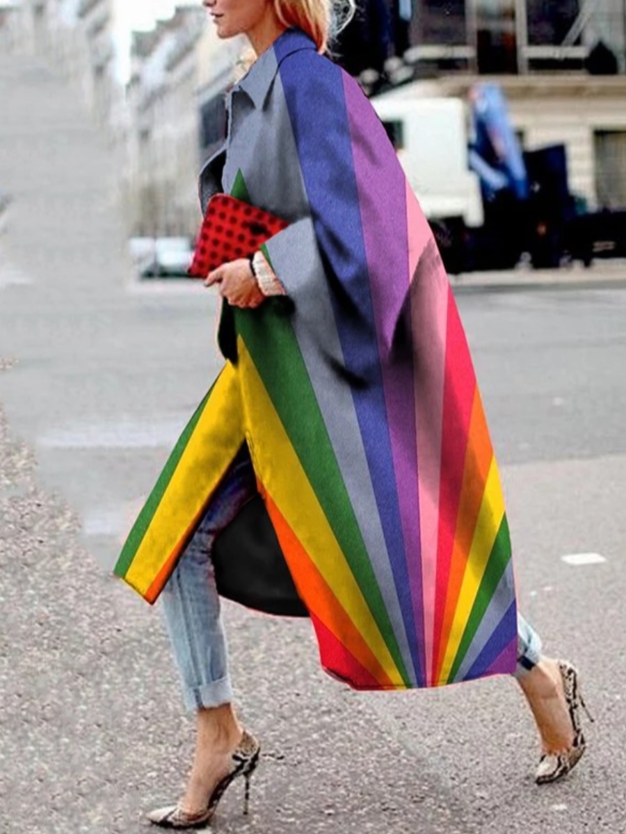 

lovely Street Turndown Collar Striped Print Loose Multicolor Long Trench Coat, Multicolor mstn