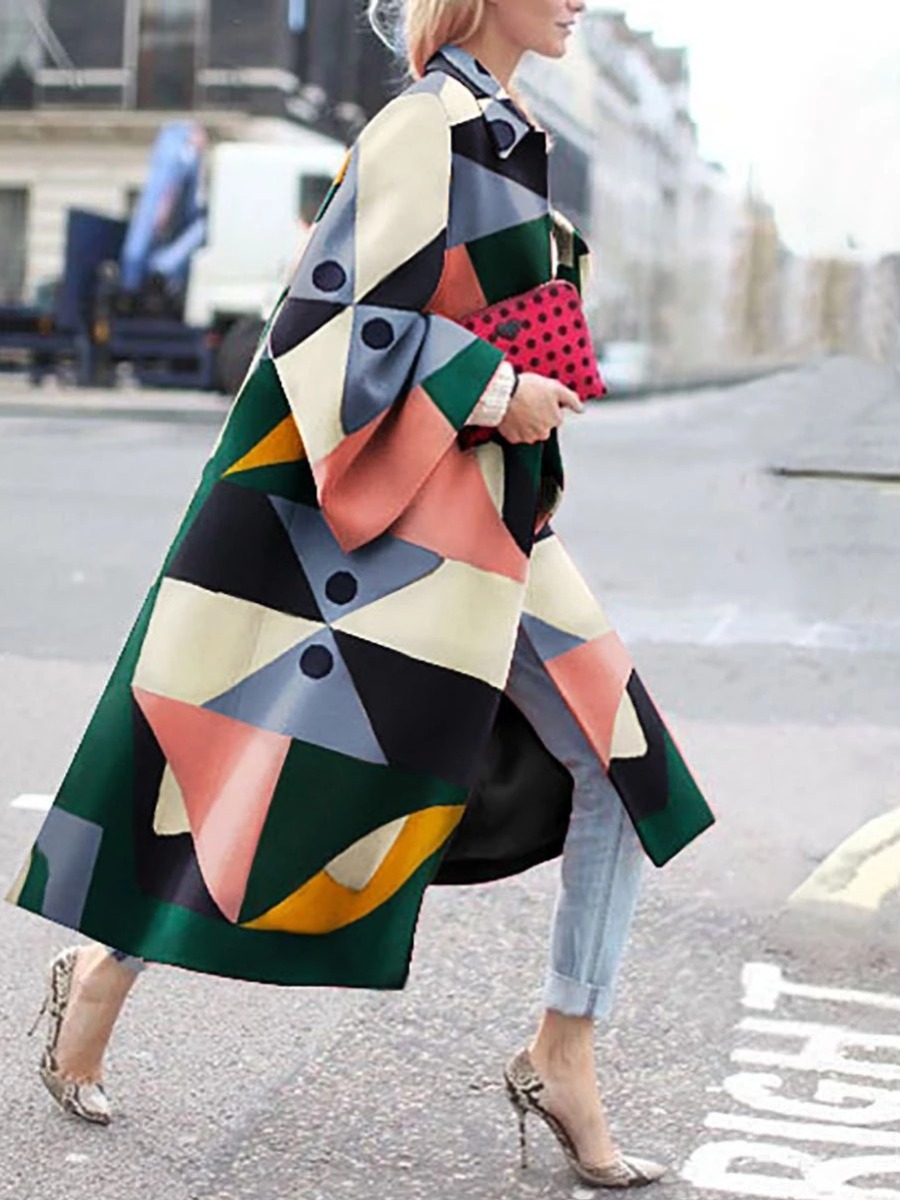 

lovely Street Turndown Collar Print Loose Multicolor Long Plus Size Trench Coat, Multi