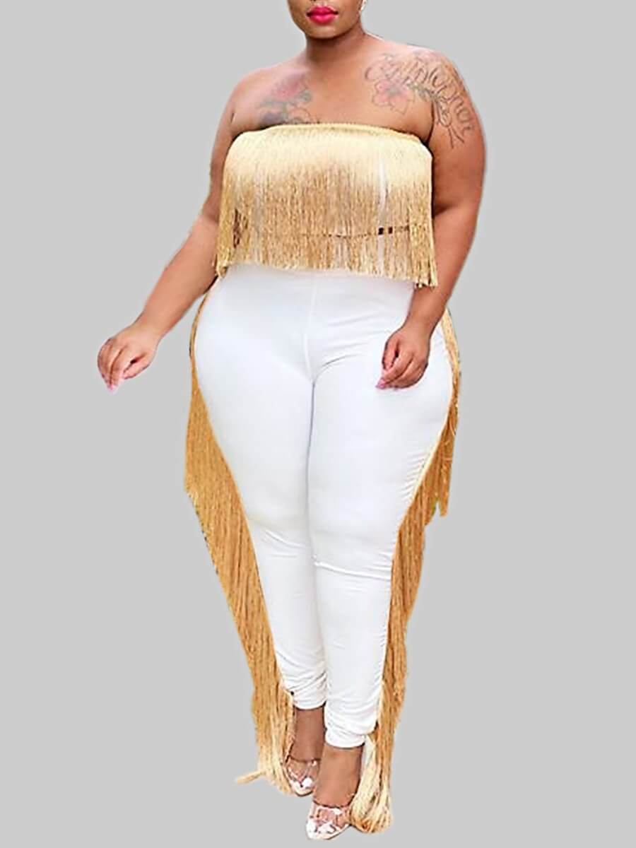 

Lovely Sexy Dew Shoulder Tassel Design White Plus Size Two-piece Pants Set