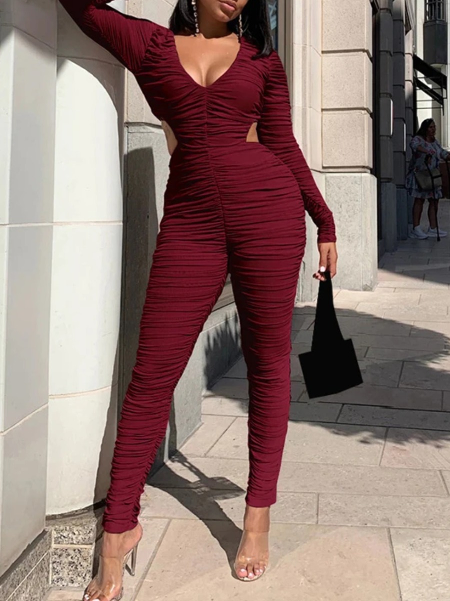 

LW V Neck Fold Design Jumpsuit, Wine red