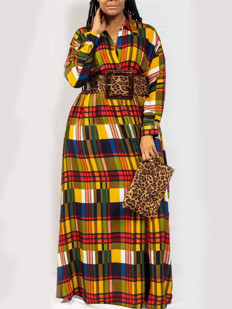 

LW Turndown Collar Plaid Multicolor Maxi Dress (Without Belt), Multi