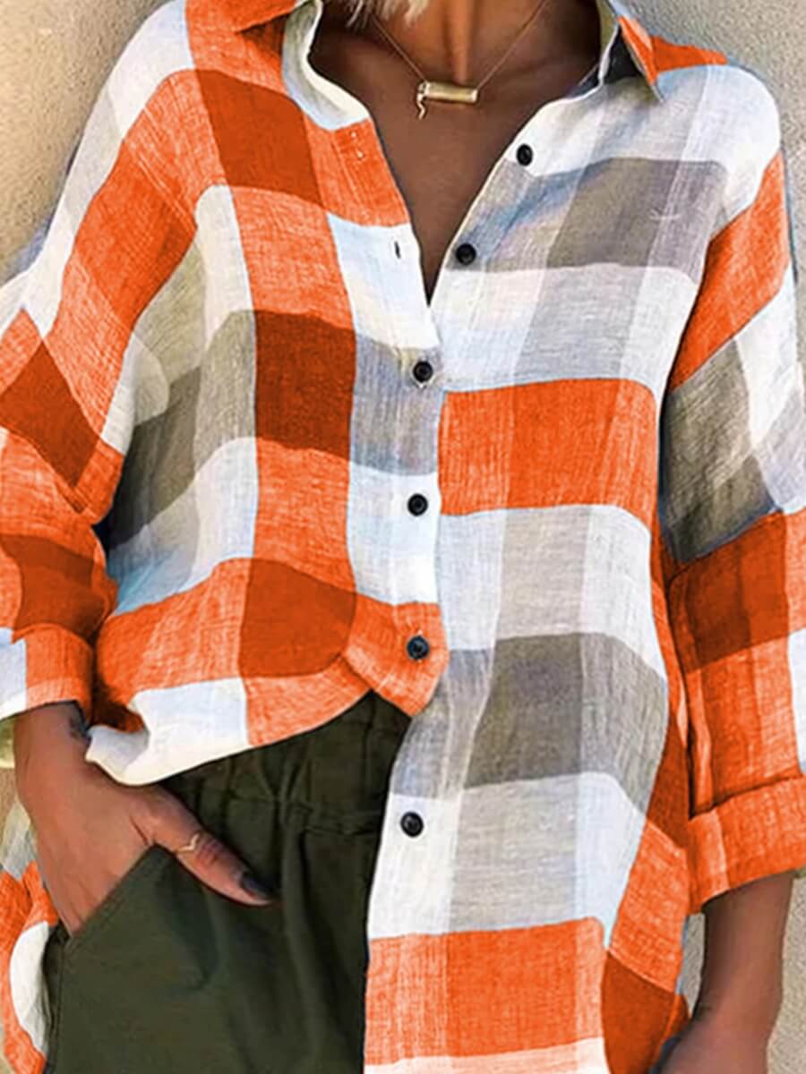 

lovely Trendy Turndown Collar Grid Print Orange Plus Size Blouse