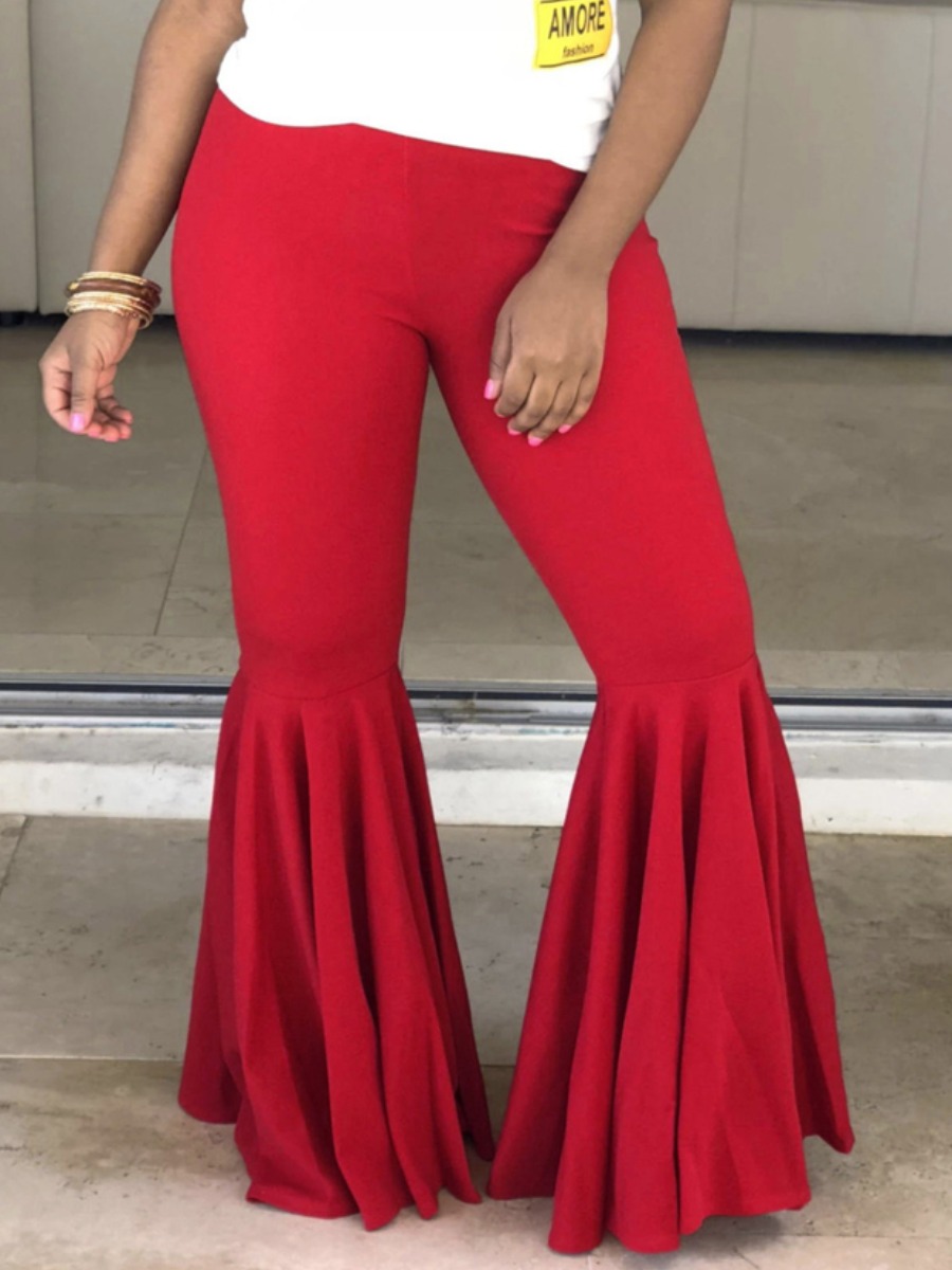 

Lovely Casual Flounce Design Red Plus Size Pants