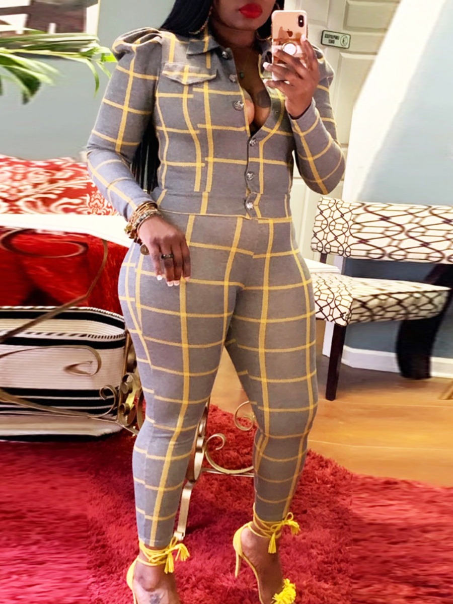 

lovely Trendy Turndown Collar Grid Print Yellow Two Piece Pants Set