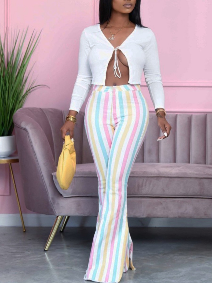 

lovely Trendy Lace-up Striped White Two Piece Pants Set