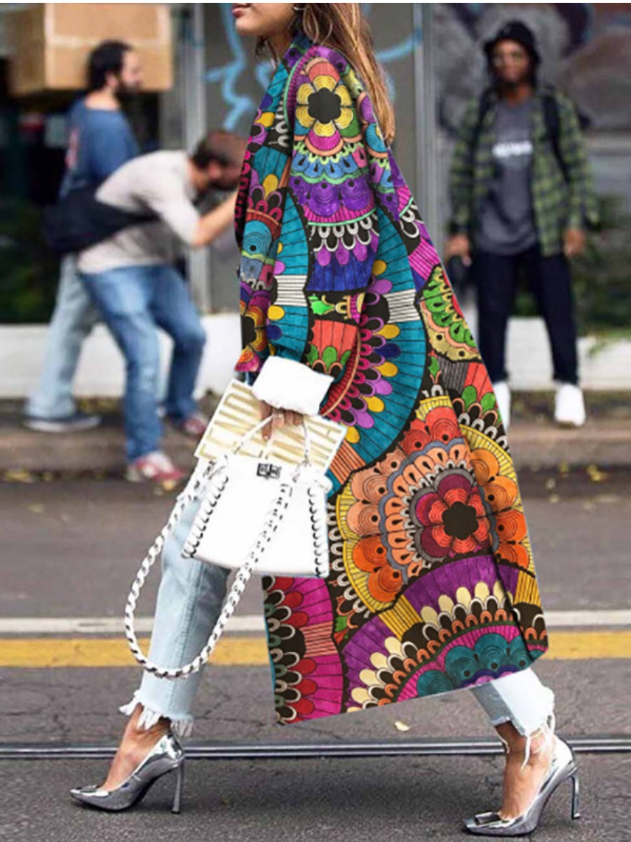 

Lovely Ethnic Turndown Collar Print Multicolor Long Wool, Multi