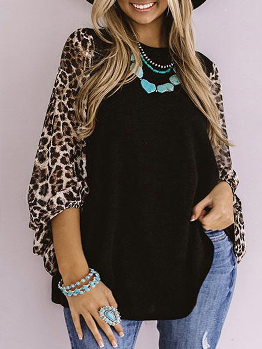

lovely Casual O Neck Leopard Print Patchwork Black Plus Size T-shirt