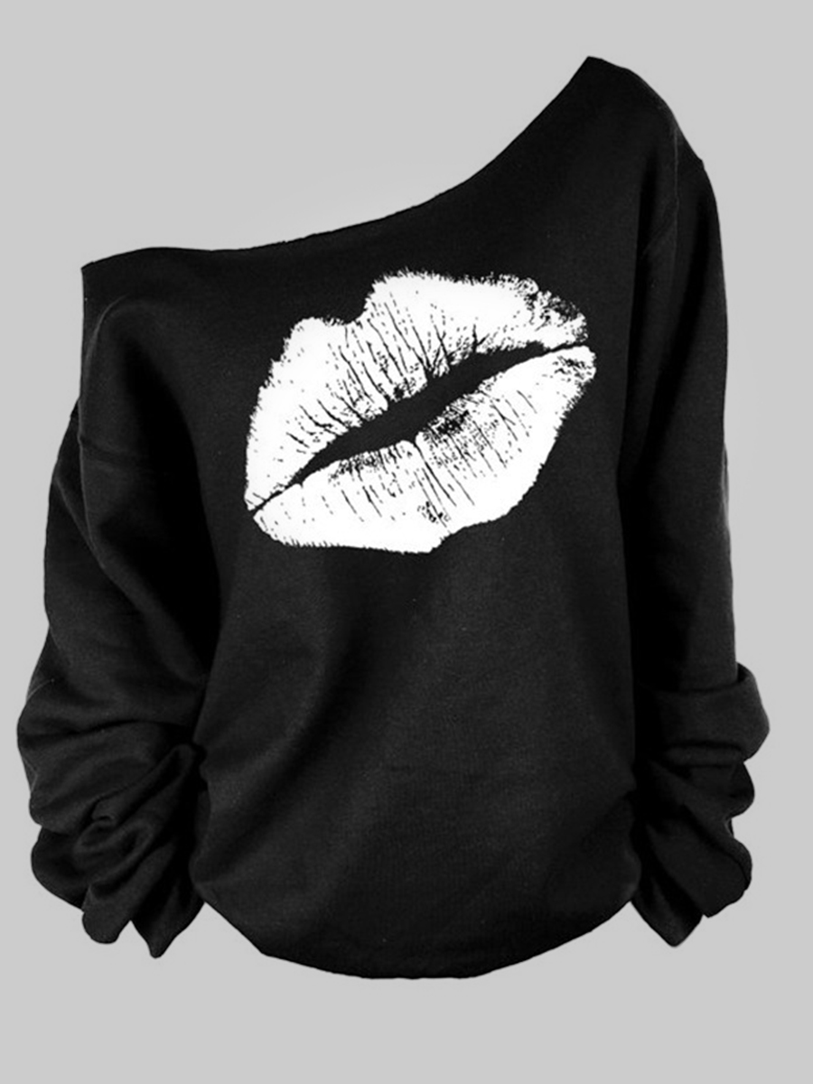 

Lovely Casual Lip Print Black Plus Size Hoodie, White