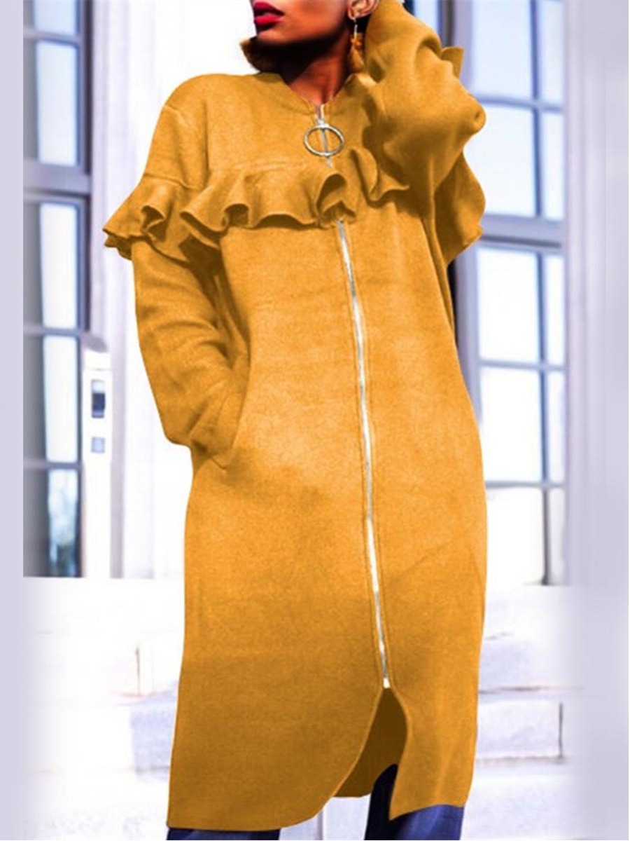 

lovely Trendy Zipper Design Flounce Design Yellow Long Coat