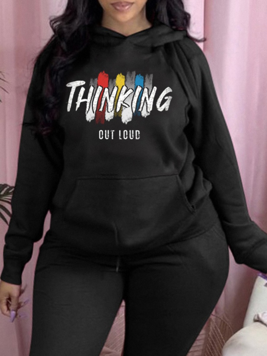 

lovely Sportswear Hooded Collar Letter Print Black Plus Size Hoodie